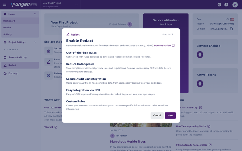 Redact Service informational dialog