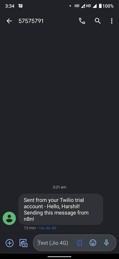 screenshot showing alternate personalized SMS message from the workflow application
