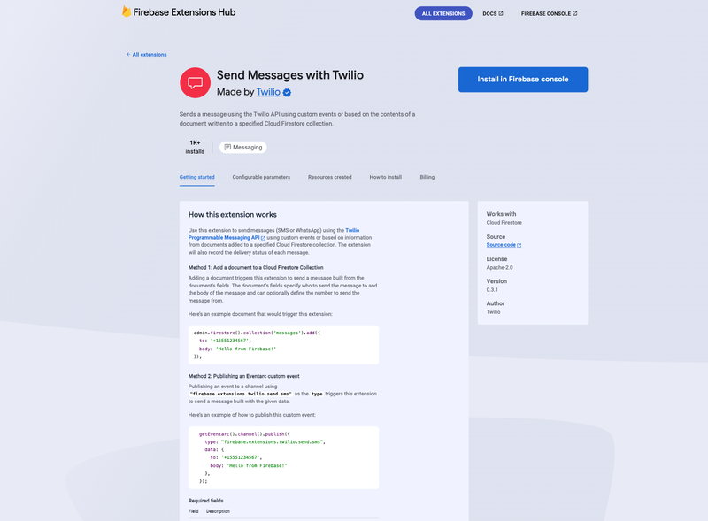 Twilio Firebase Extension page