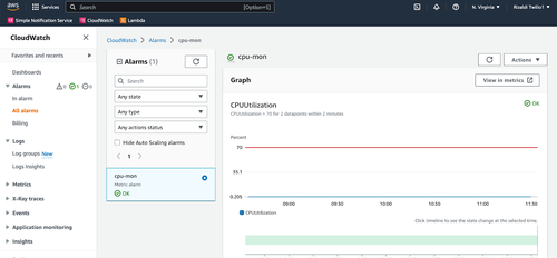 Detail page of "cpu-mon" alarm in AWS console