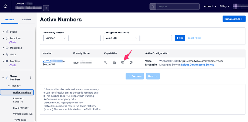 List of Active Twilio Numbers