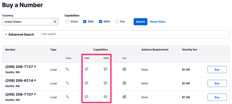 List of Twilio Number Capabilities