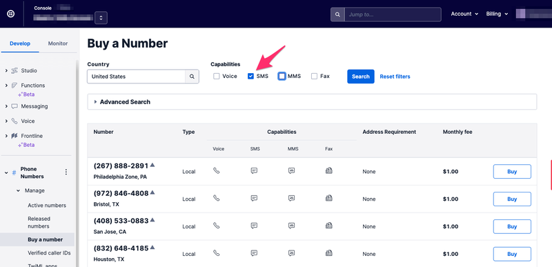 Buy an SMS-capable Twilio Number