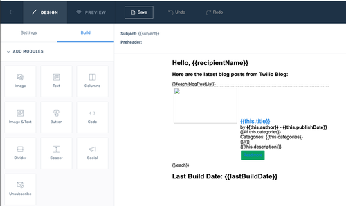 Designer page showing the updated Code module and Design, Save and Undo buttons in the top menu.