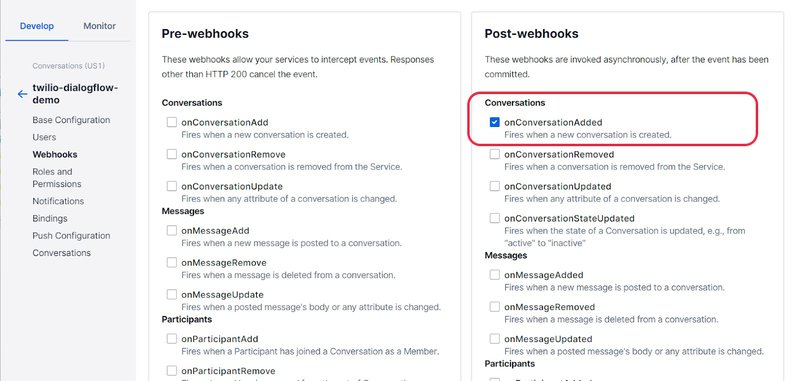 Setting webhook events in Twilio Conversations