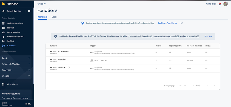 Check the Functions Dashboard for deployed functions on Google