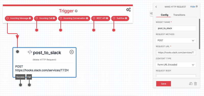 Twilio Studio Tutorial Post to Slack HTTP Request Widget with Webhook shown in configuration panel