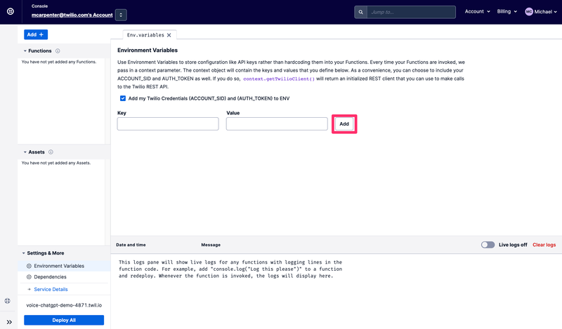 Twilio Voice ChatGPT Demo Add Environment Variables