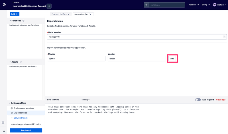 Twilio Voice ChatGPT Demo Dependencies Config