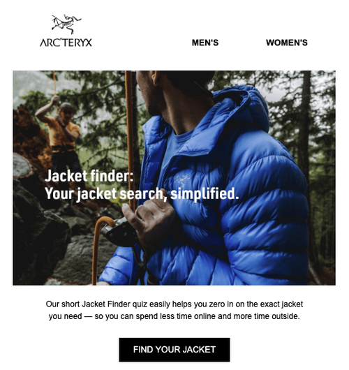 arcteryx email promoting jacket finder quiz