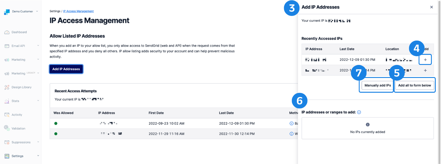 Adding IP addresses from the IP Access Management menu