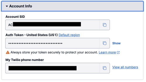 Twilio Console, showing Account SID and Auth Token