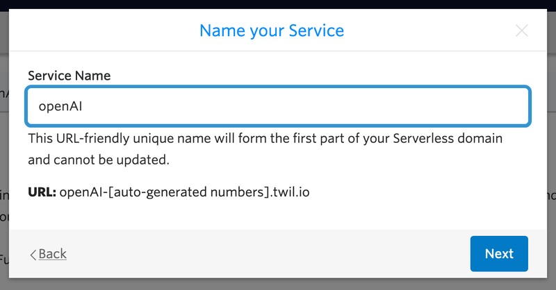Name your service "openAI" text field