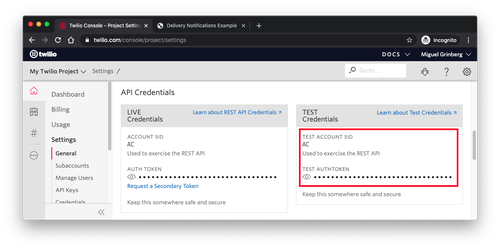 twilio test credentials