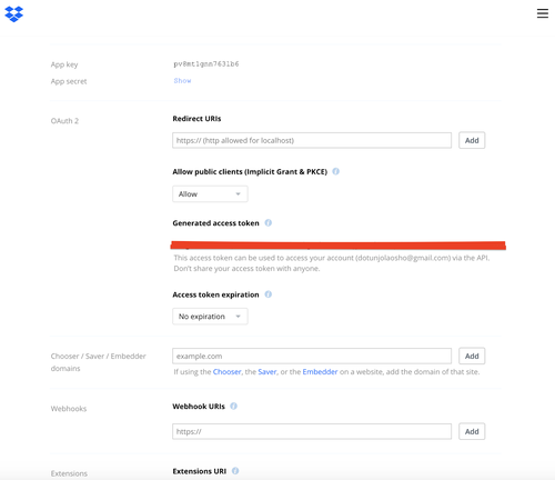 Dropbox generate access token