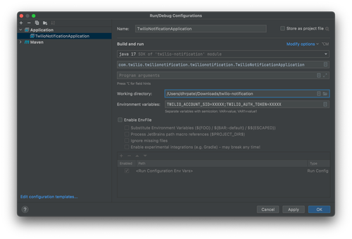 Run configuration box of IntelliJ IDE