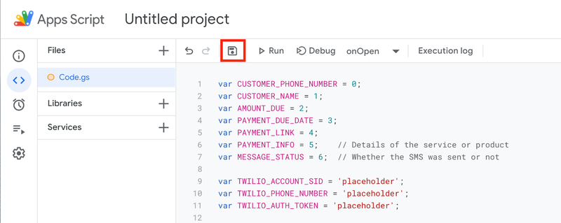 A screenshot of the Apps Script Editor showing the "save" icon