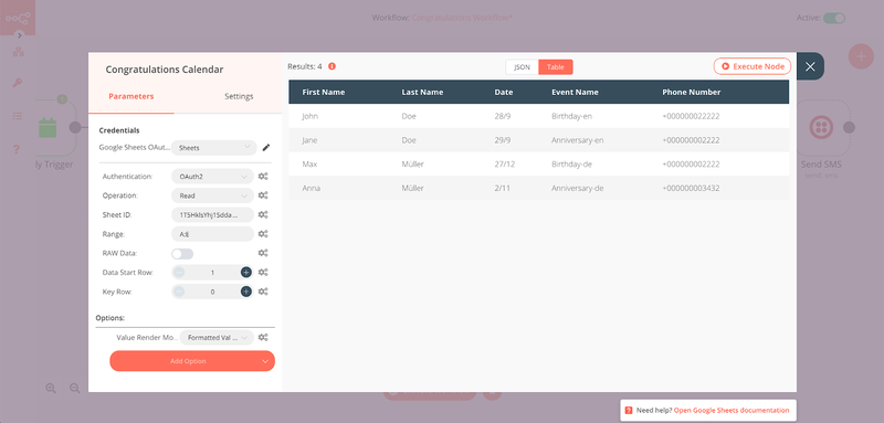 Screenshot of the parameters window of the Google Sheets node
