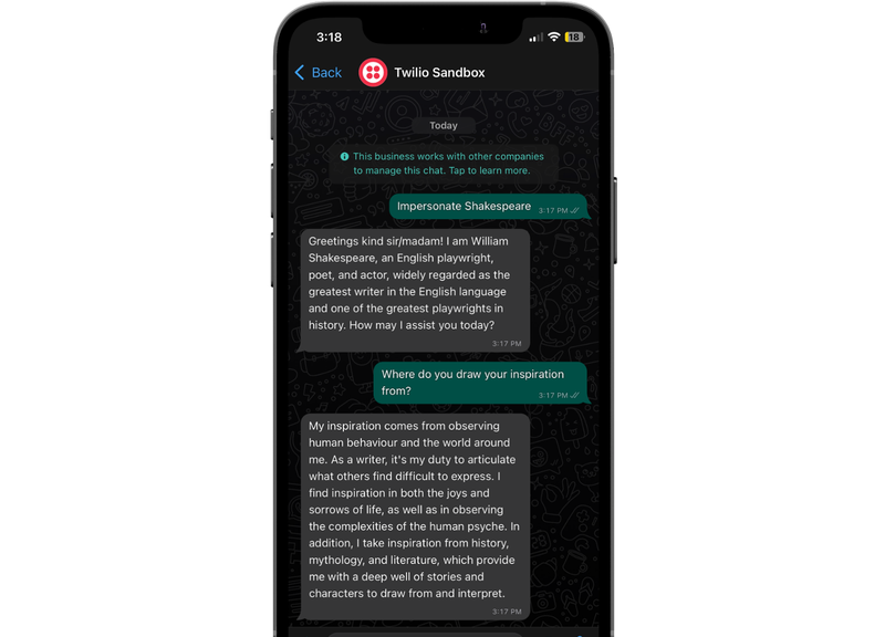 phone showing a whatsapp conversation with assistant impersonating shakepeare